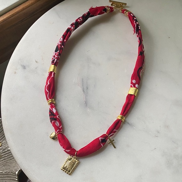 Handmade Red Bandana Necklace with Gold Charms - Picture 1 of 4